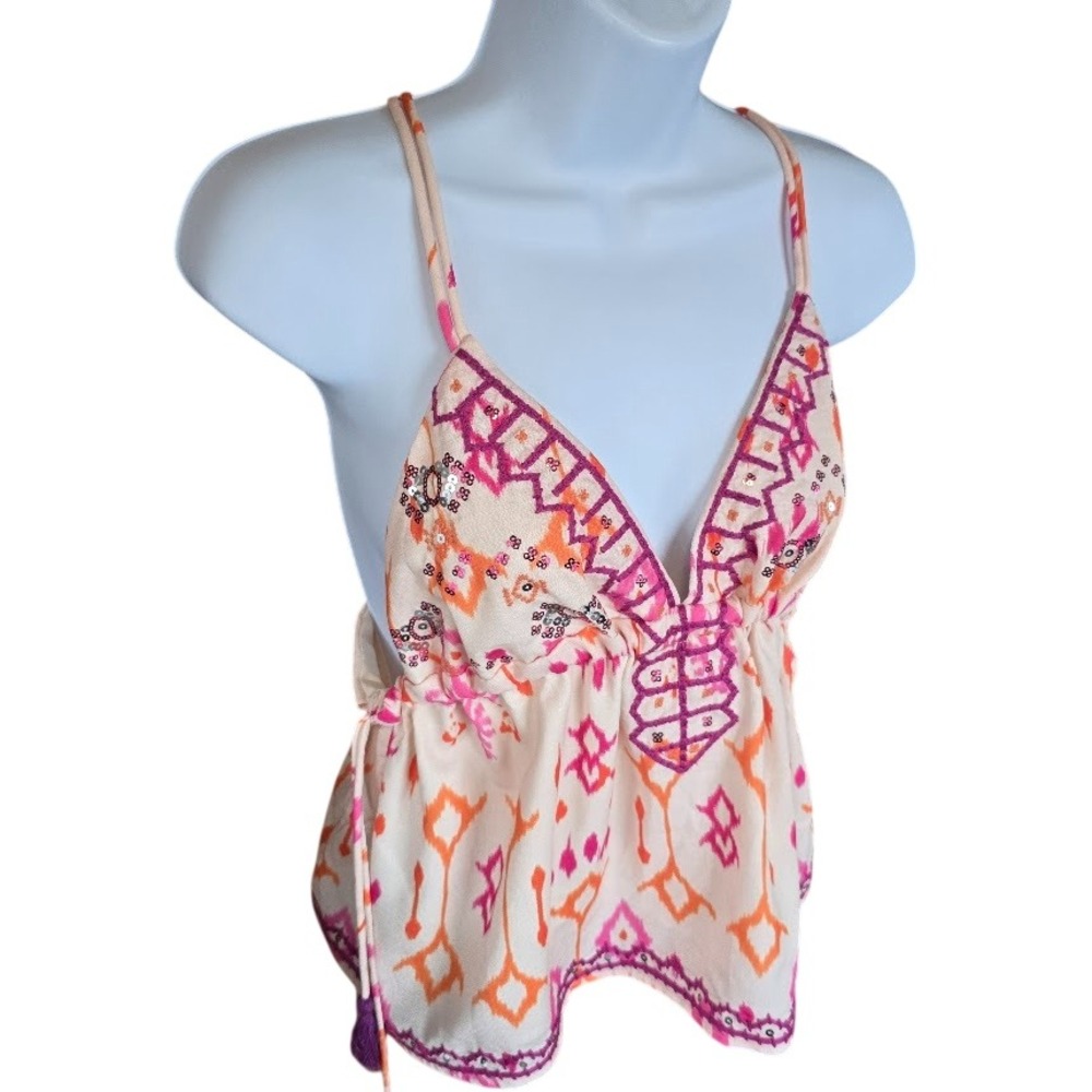 Boho Ikat‎ Print Cami Top Women XS Pink Orange Sequin Tassel Festival Babydoll - Picture 2 of 12